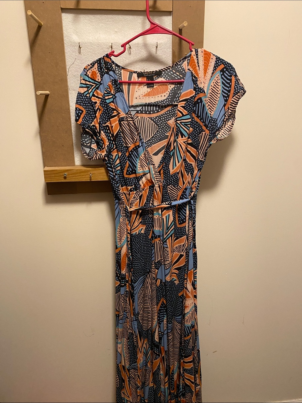 Women's Printed V-Neck Maxi Dress - Blue & Orange